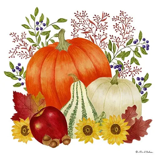 Autumn-themed towel with pumpkins, gourds, apples, and sunflowers on a white background.