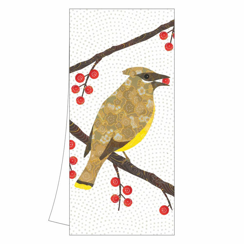 Card with a stylized cedar waxwing on a branch with red berries on a white background