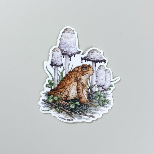 Sticker - American Toad with Shaggy Mane fungi and Clover