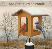 Bird feeder with two birds on a snowy landscape, labeled 'Songbird Gazebo Bundle'.