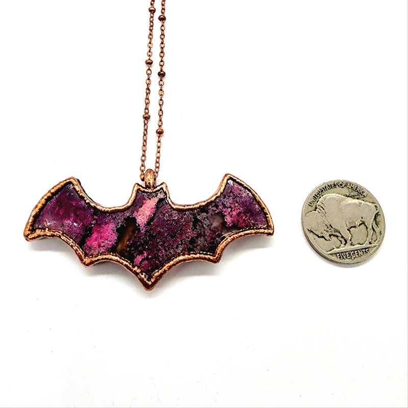 Pink Moss Agate Bat Necklace // Electroformed Jewelry