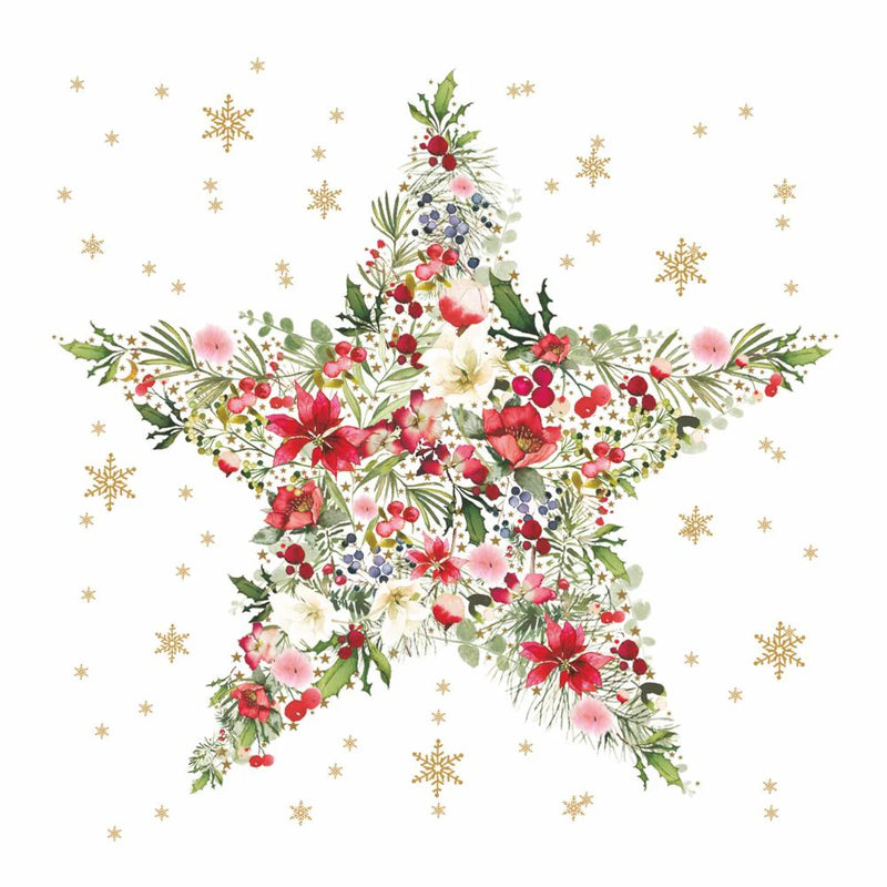 Decorative star made of flowers and leaves with gold snowflakes on a white background