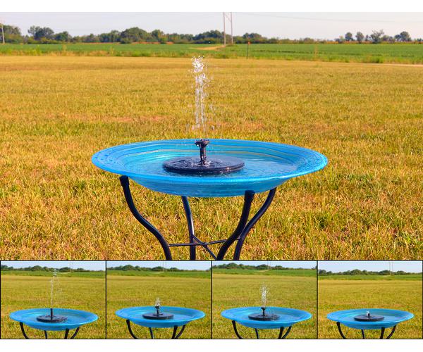 Blue solar water fountain on a stand in an open field with additional views below.