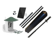 Birdbeak feeder with camera, solar panel, pole adapter and customer pole pieces with a racoon baffle