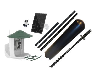 Birdbeak feeder with camera, solar panel, pole adapter and customer pole pieces with a racoon baffle