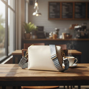 Purse with a fabric strap with bee pattern and gold-tone hardware sitting on a table in a coffee shop