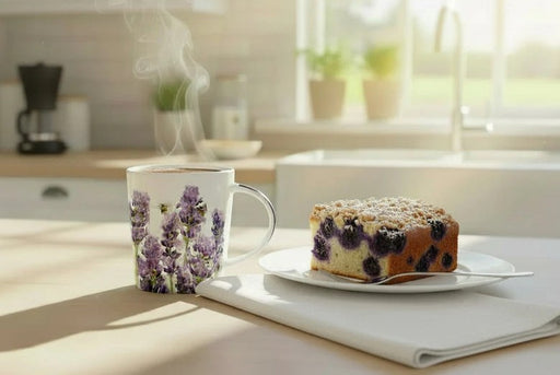 Bee and lavender mug with hot coffee and a piece of coffee cake