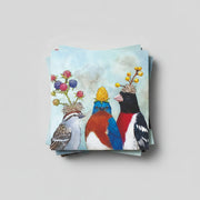 beverage napkins with birds wearing berry hats, grey background