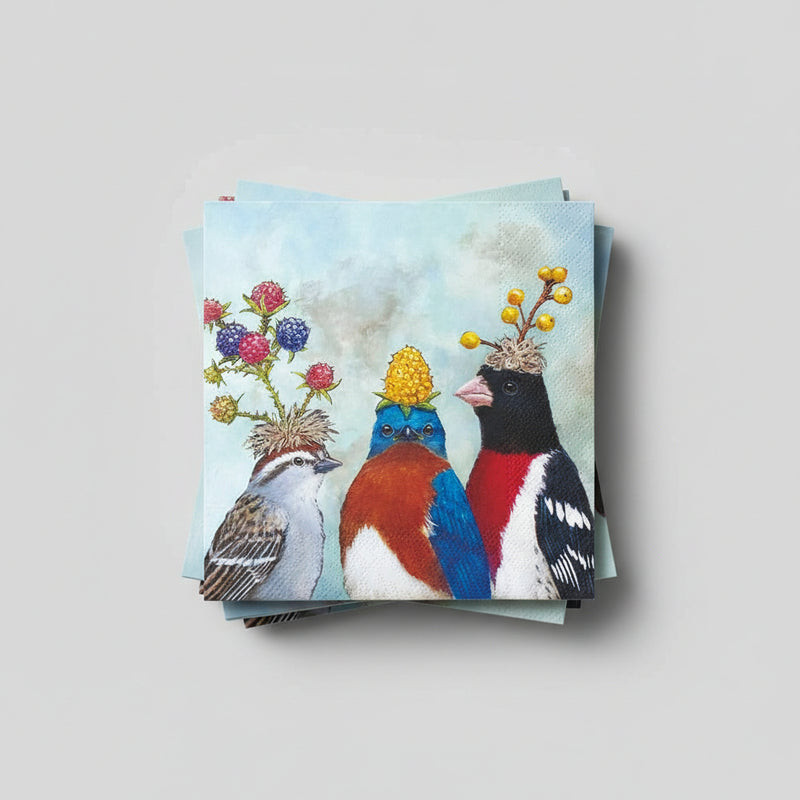 beverage napkins with birds wearing berry hats, grey background