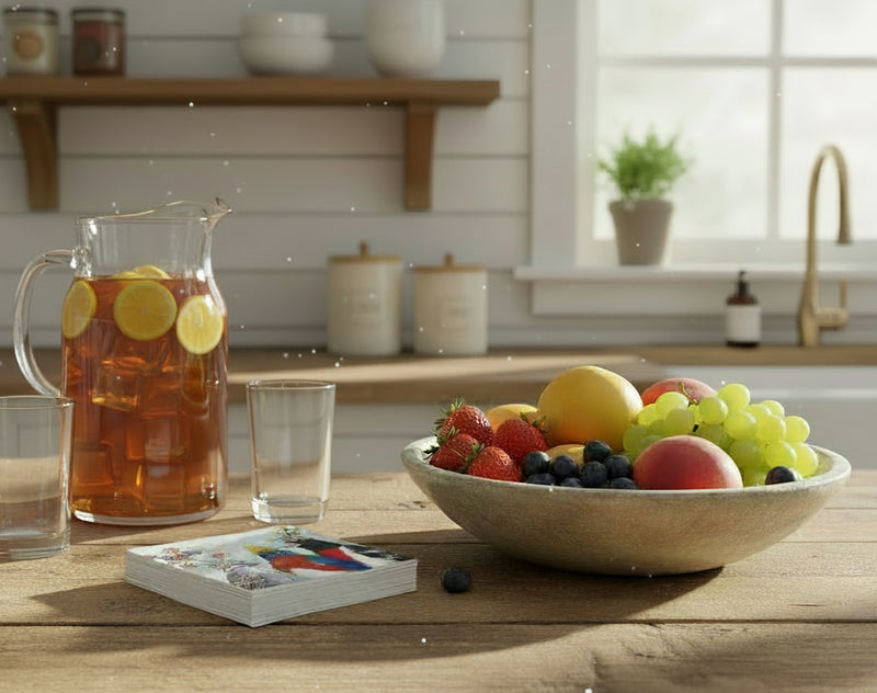 a stack of beverage napkins ready for iced tea on a countertop next to a bowl of fruit