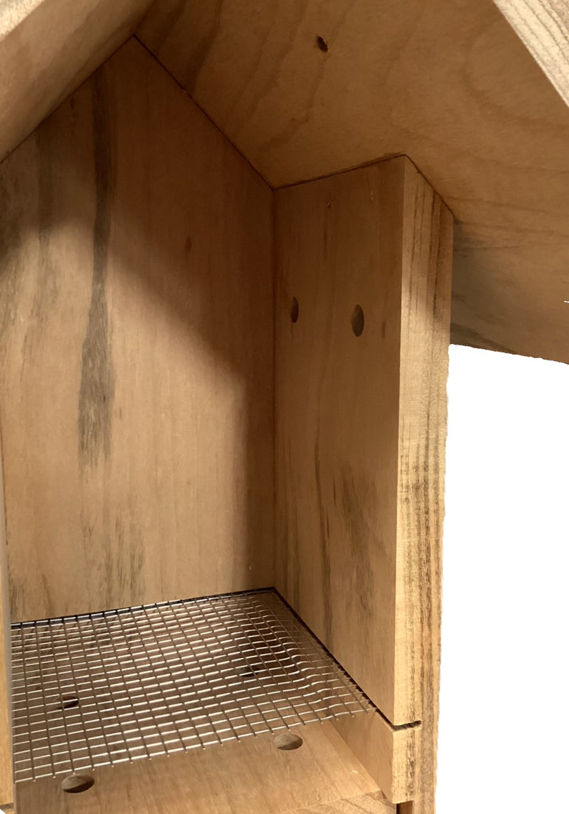 Bluebird Nest Box with Peaked Roof - Tigerwood
interior with nest lift and ventilation holes