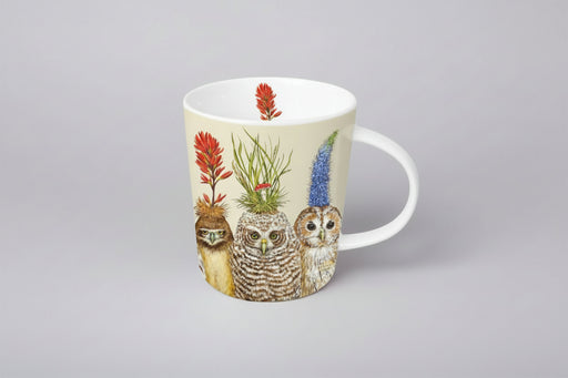 mug with owls wearing flower hats on a gray background
