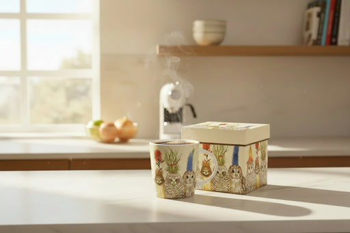 an owl mug full of hot coffee on a countertop alongside a gift box with the same design, kitchen setting