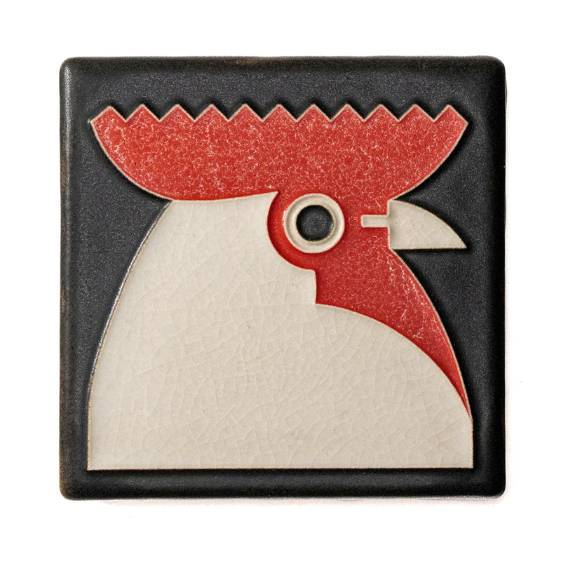 Decorative tile with a red and beige rooster design on a black background
