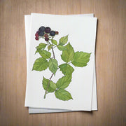 White card with blackberry design on a soft warm wood background
