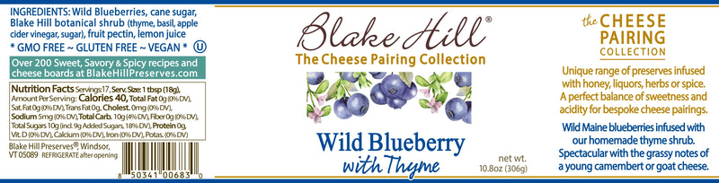 Blake Hill Wild Blueberry with Thyme preserve label with nutritional and ingredient information