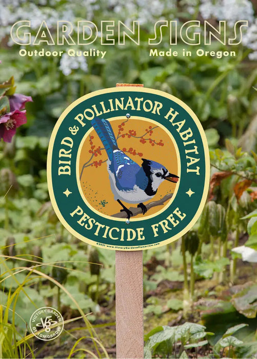 Garden Sign - Blue jay Bird & Pollinator Habitat - in the garden
