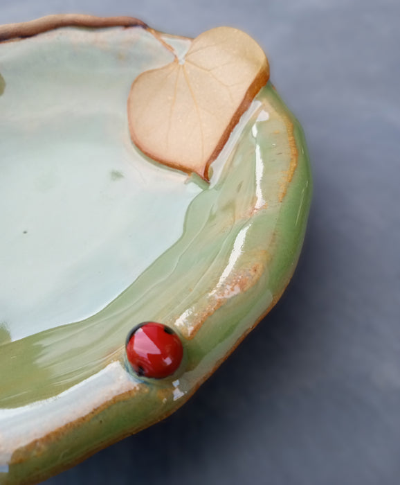 Stoneware Small Leaf Bug Bowl - Eastern Redbud - closeup