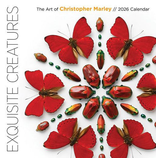 Calendar cover with red butterflies and beetles on a white background, featuring 'The Art of Christopher Marley' branding.