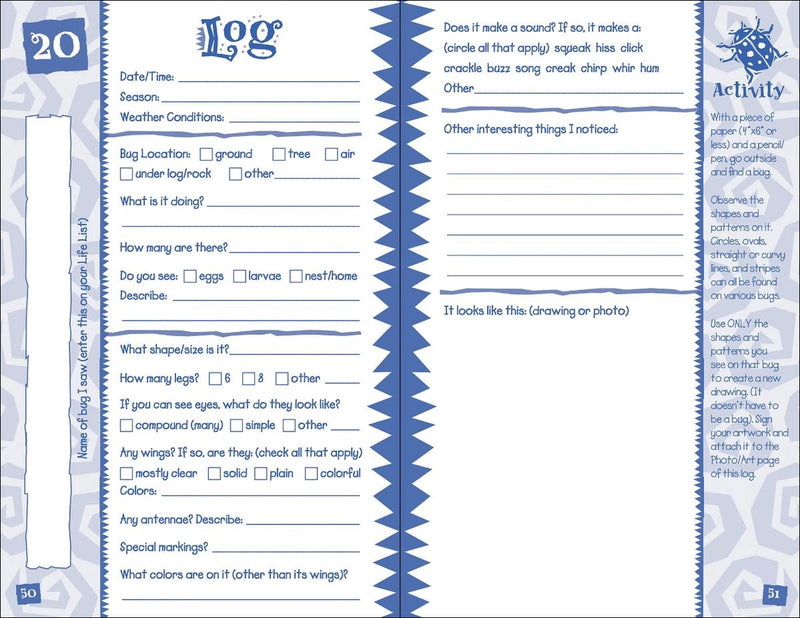 Bug Log Kids - activity pages and log entry