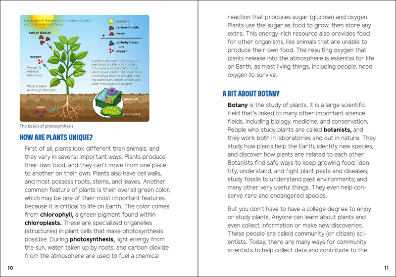 Educational book page about plants and botany with text and illustrations.