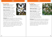 Book pages with information about Serviceberry and Blueberry plants, featuring images of their flowers.