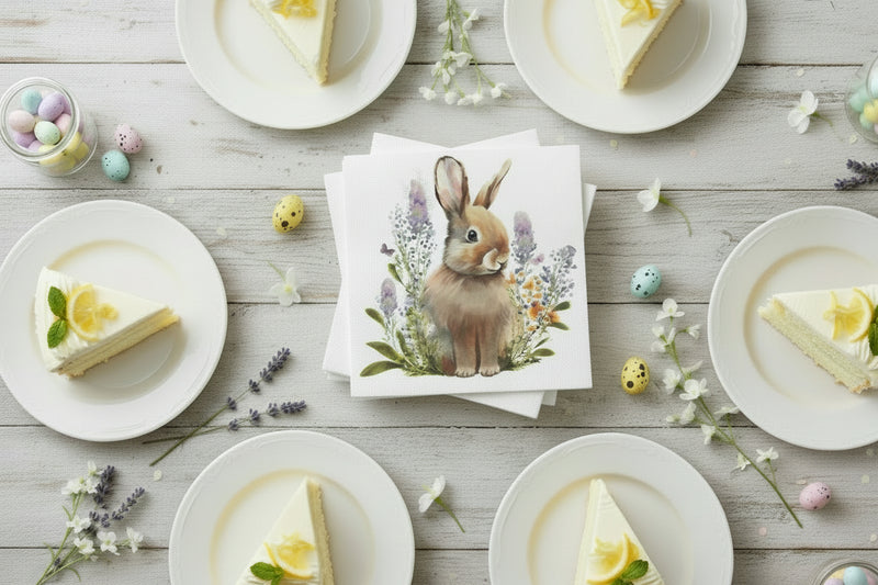 Belle Bunny Napkins ready for use at a springtime party with lemon cake