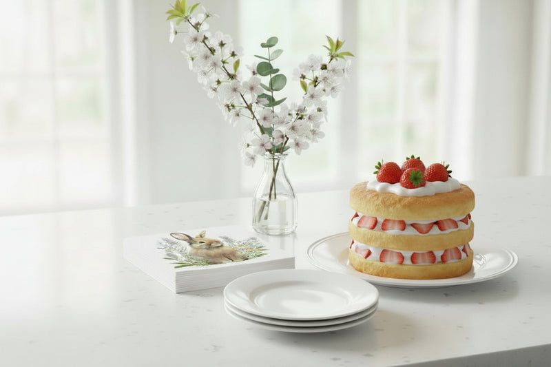 bunny napkins for a springtime party with strawberry shortcake for dessert
