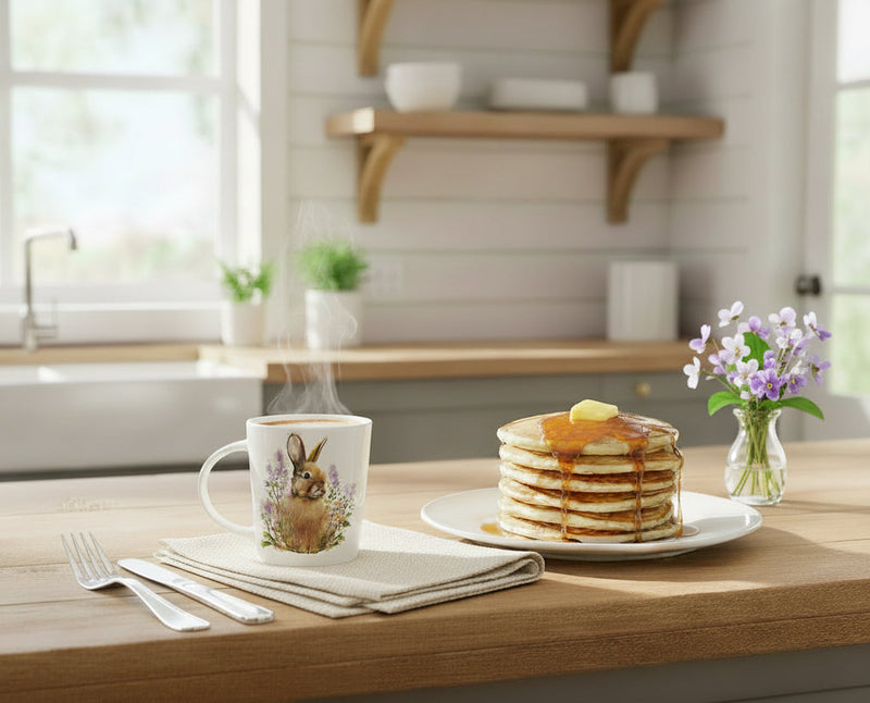 Hot mug of coffee with pancakes for breakfast in a summery farmhouse kitchen