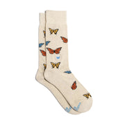 tan socks with multicolored butterflies