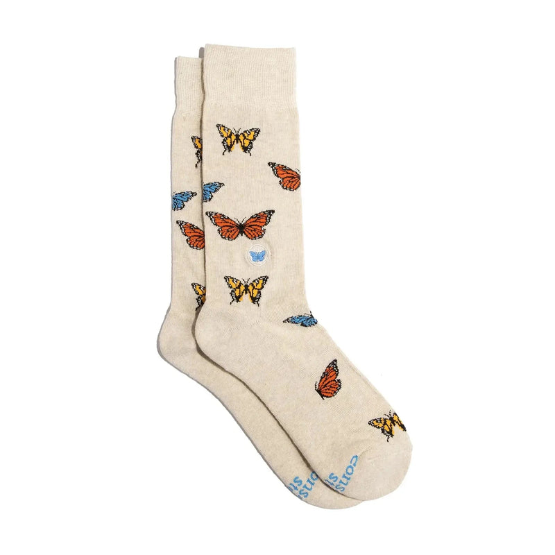 tan socks with multicolored butterflies