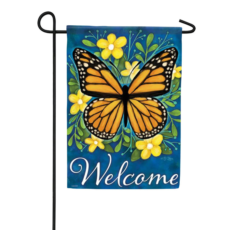 Decorative garden flag with a butterfly and flowers on a blue background, featuring the word 'Welcome'.