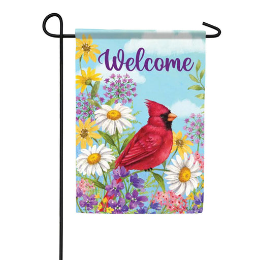 Garden flag with a red cardinal, flowers, and 'Welcome' text on a blue background.