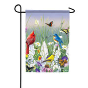 Garden flag with colorful birds and butterflies on a white background
