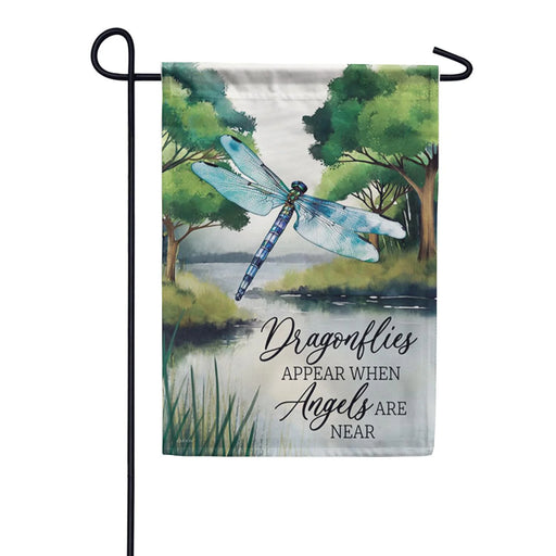 Decorative garden flag with a dragonfly design and text on a white background