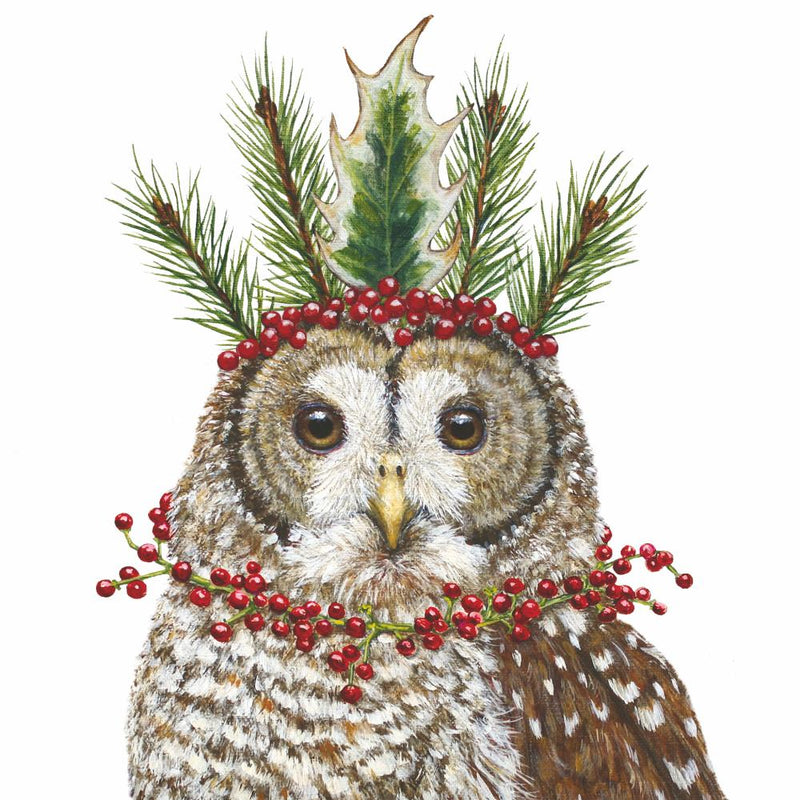 Owl with holly berries and greenery on a white background