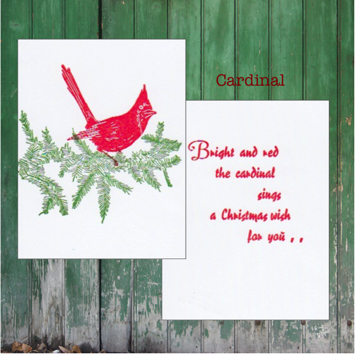 Cardinal linocut illustration on a conifer branch with red text that reads: Bright and red the cardinal sings a Christmas wish for you..