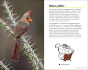 Cardinal bird on a branch with habitat information on the right
