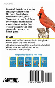 Back cover of a book about cardinals with text and images of a cardinal and a cat.