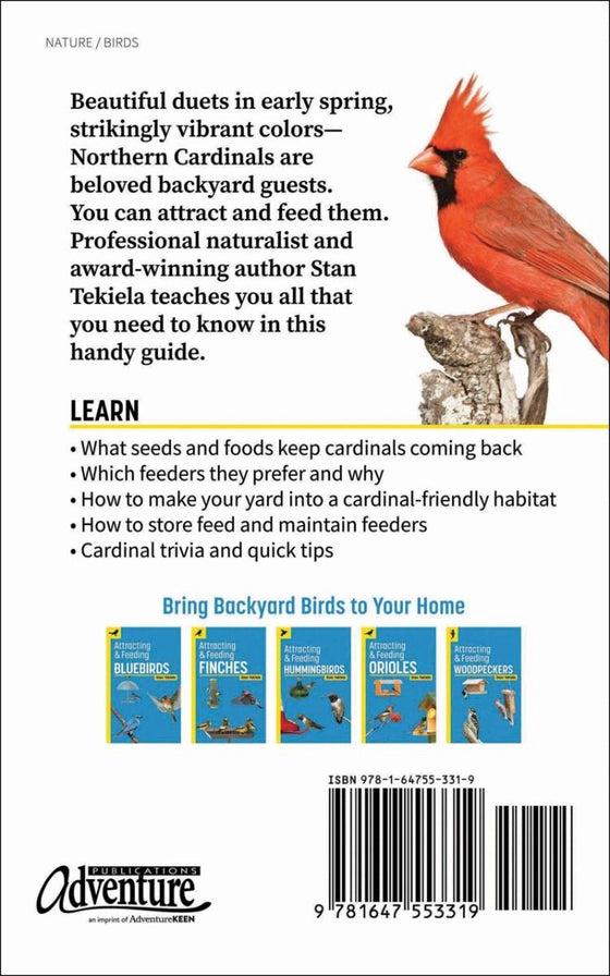 Back cover of a book about cardinals with text and images of a cardinal and a cat.