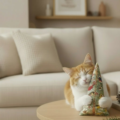 Decorative catnip toy shaped like a Christmas tree with bird design being snuggled by a cat in a living room setting