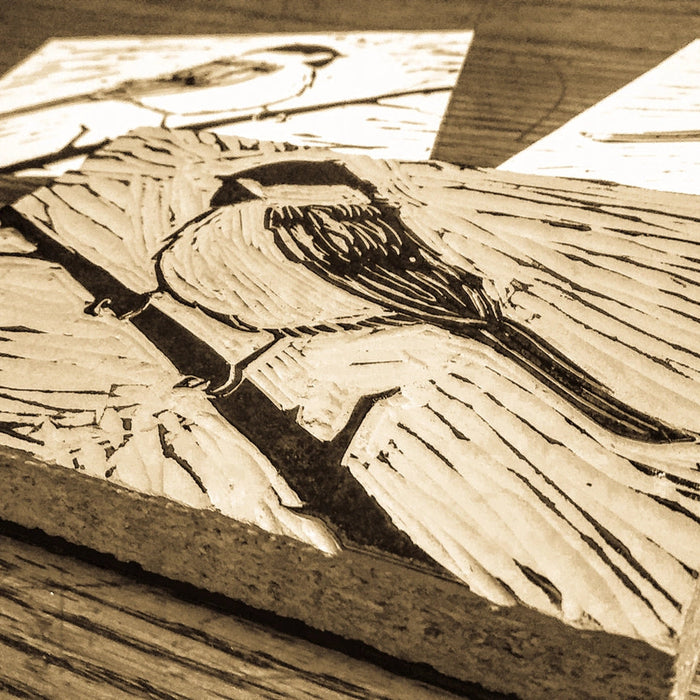 Chickadee Linoprint - linocut board process