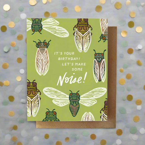 Birthday card with cicada illustrations and text on a confetti background