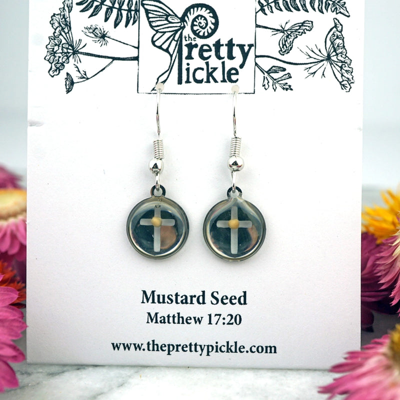 Circle Cross Stainless Steel Mustard Seed Earrings