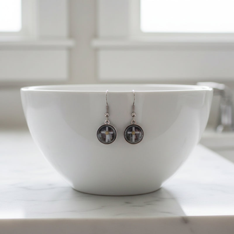 Circle Cross Stainless Steel Mustard Seed Earrings