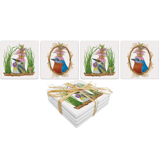 Set of four coasters with bird and floral designs, tied together with twine on a white background.