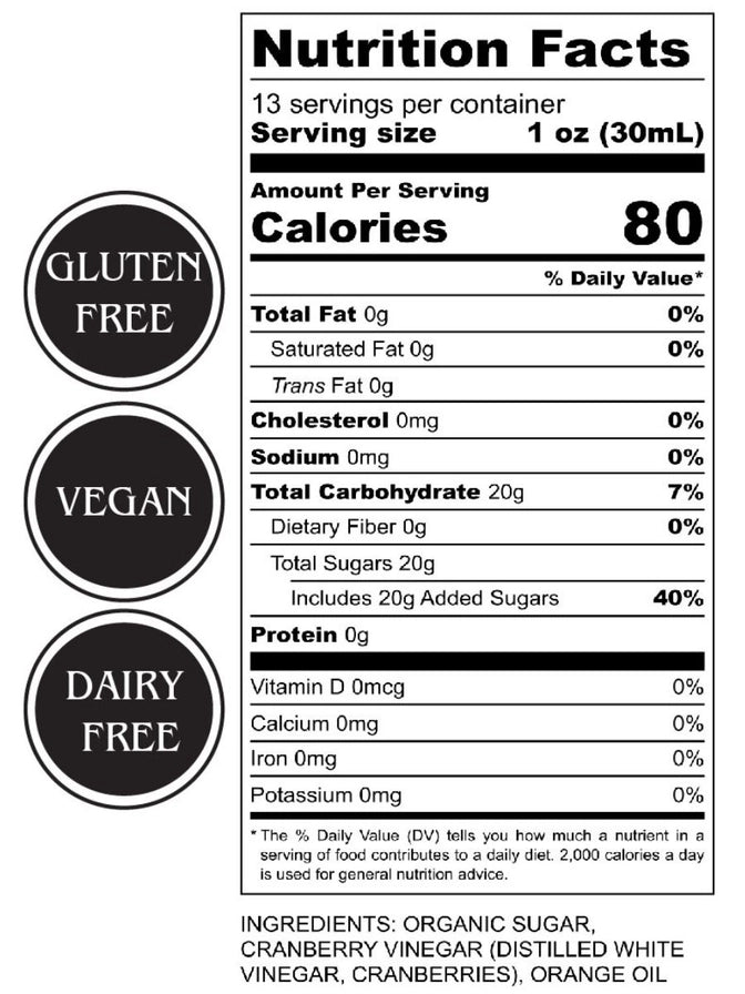 Nutrition facts label for a product with gluten-free, vegan, and dairy-free indicators.