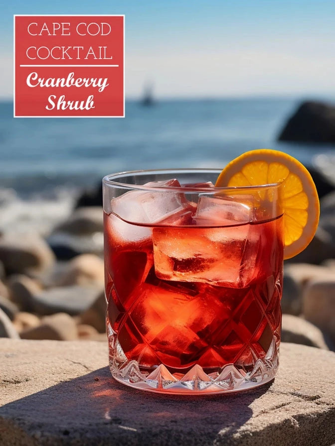 Cape Cod cocktail with cranberry shrub in a glass with ice and an orange slice, set against a beach background.