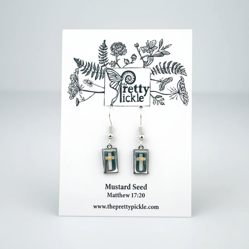 Rectangle Cross Mustard Seed Earrings