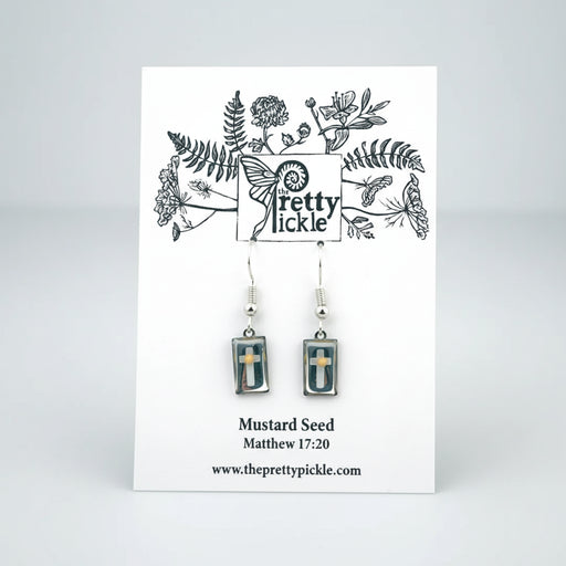 Rectangle Cross Mustard Seed Earrings